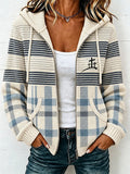 Women'S Plaid Striped Patchwork Religious Hooded Knitted Cardigan