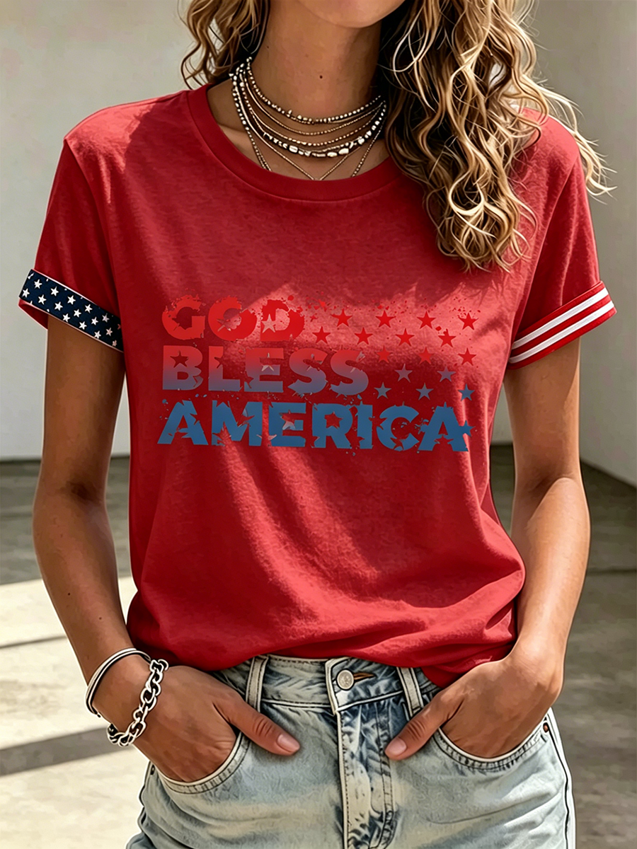 God Bless America Faith Commemorative Printed Casual T-Shirt
