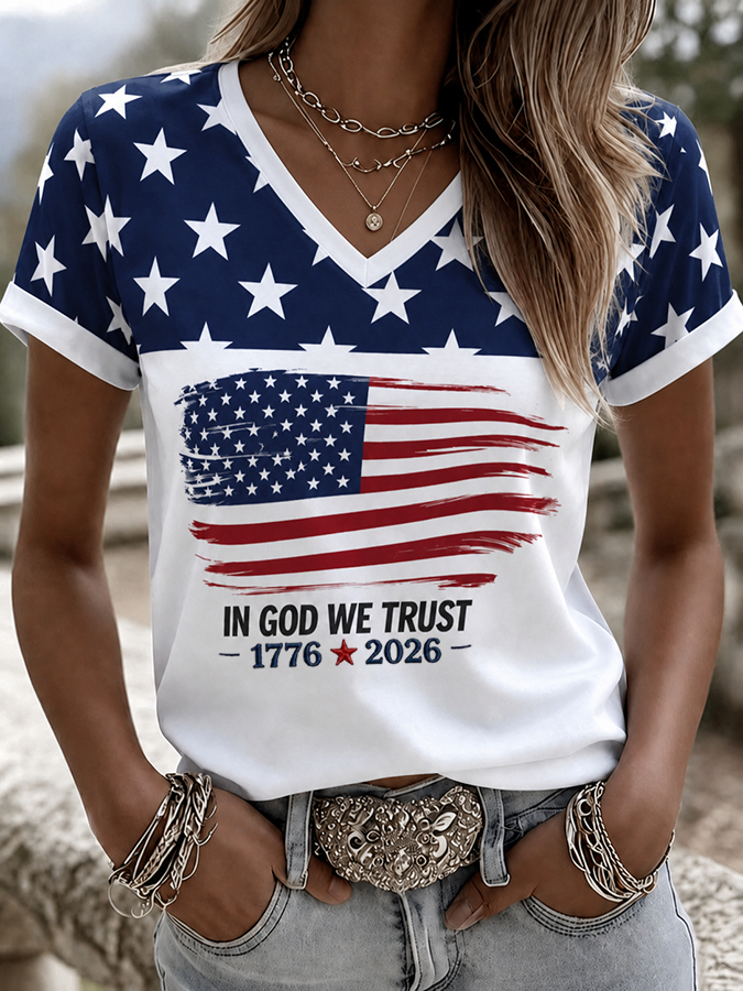 Women'S America Flag Print Printed T-Shirt