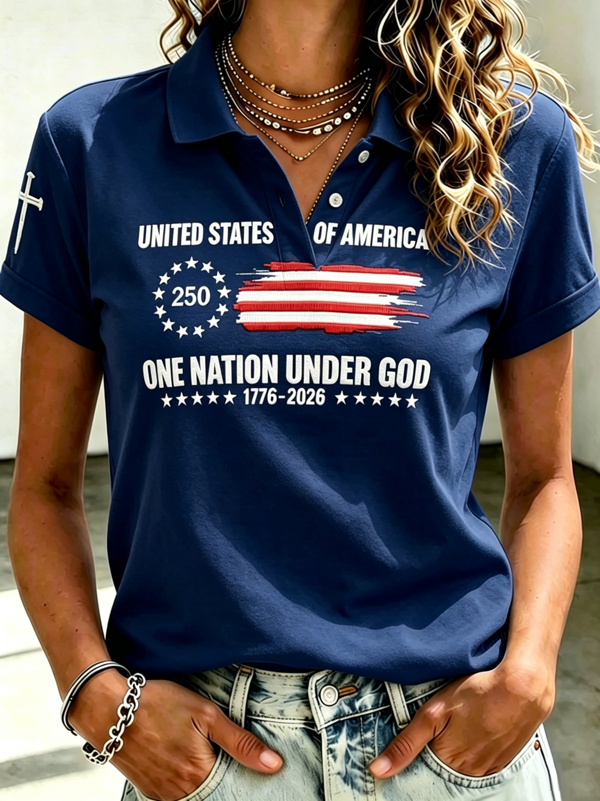 Women'S 250Th Of American Flag One Nation Under God Print Casual Polo Shirt