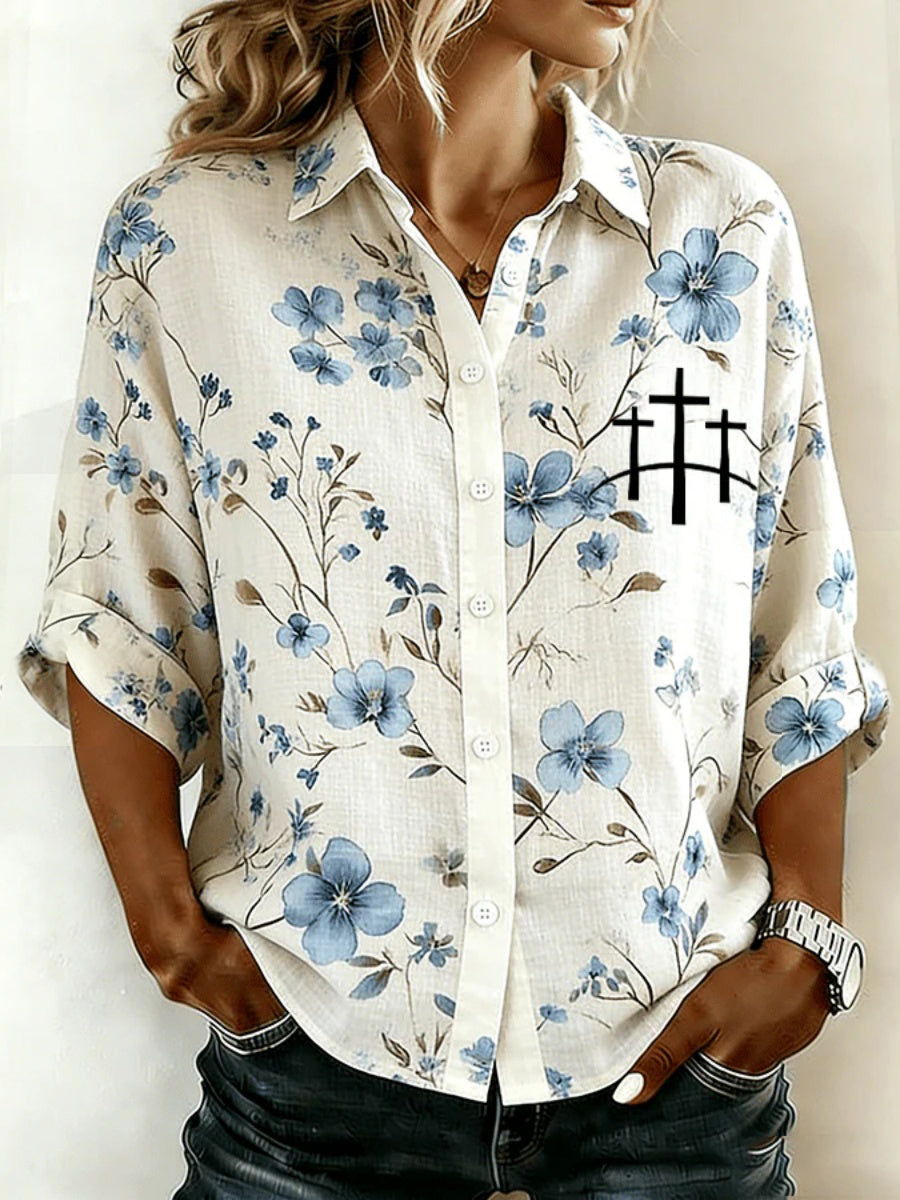 Women's Floral Faith Print Long Sleeved Linen Shirt