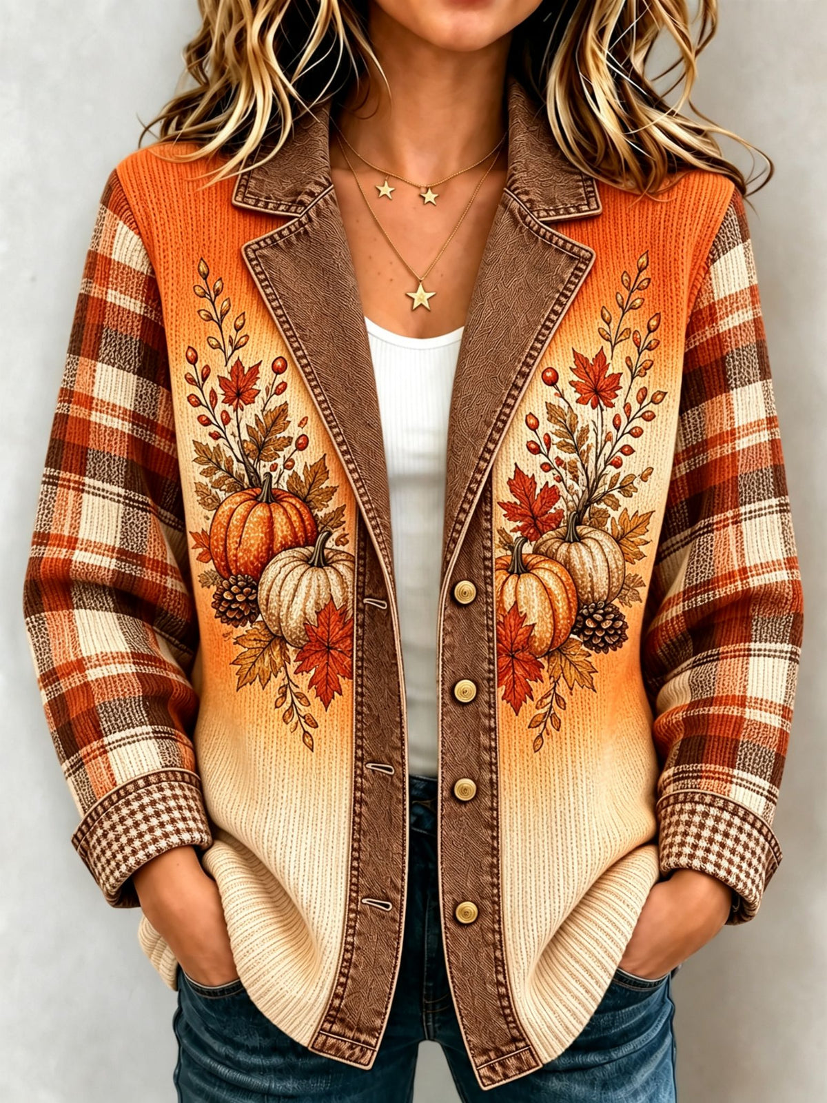 Women's Pumpkin Maple Leaf Print Plaid Blazer