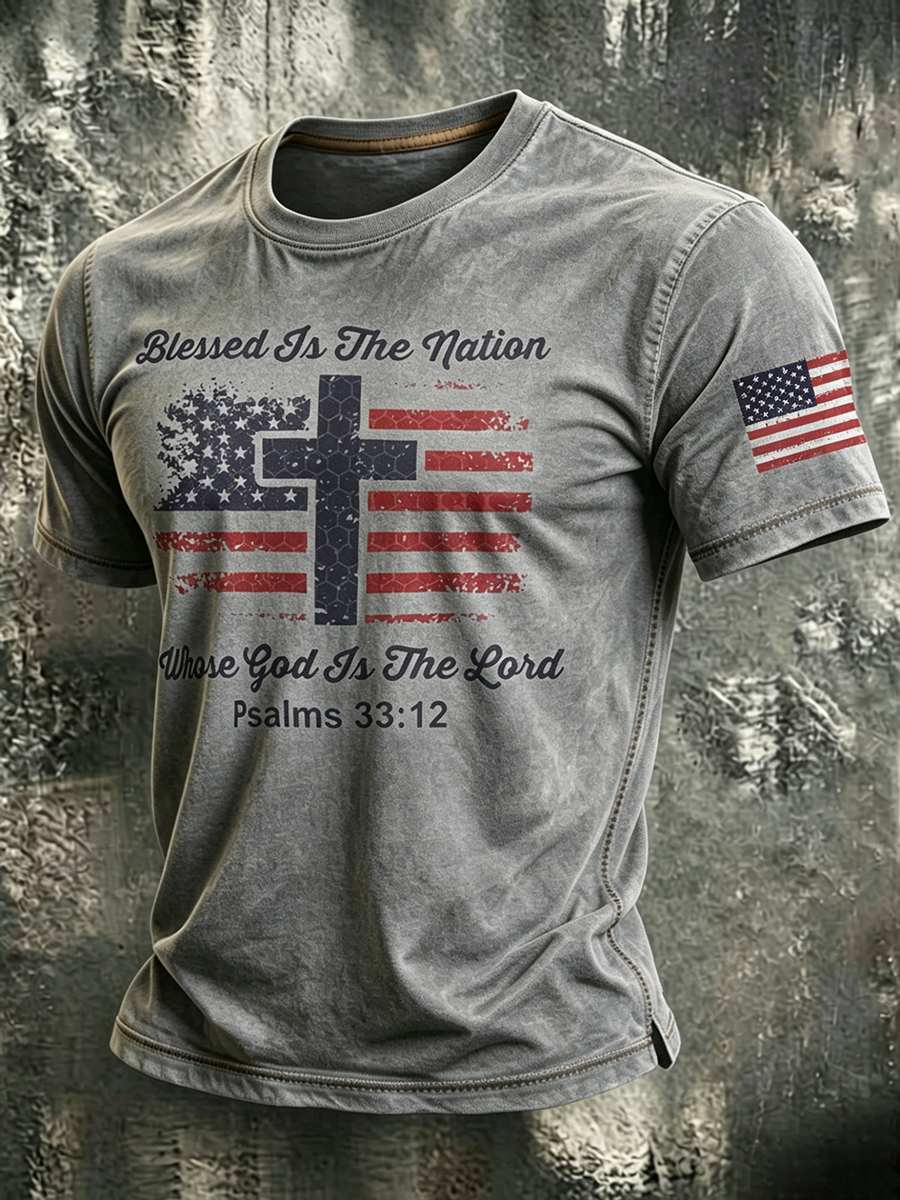 American Flag Faith Cross Slogan Commemorative Print Round Neck T-shirt