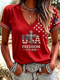 Women'S America Flag Print Casual V-Neck T-Shirt