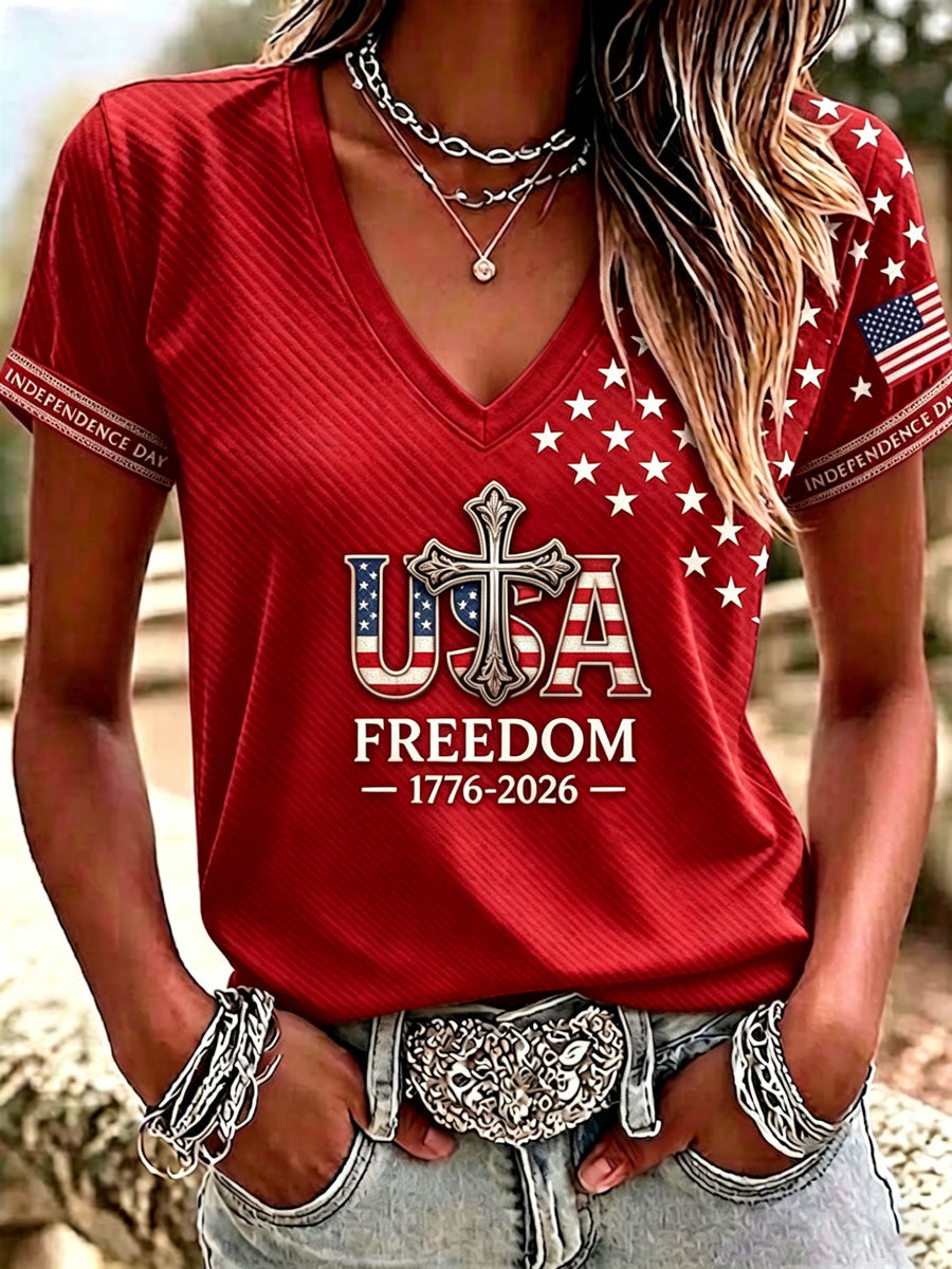 Women'S America Flag Print Casual V-Neck T-Shirt