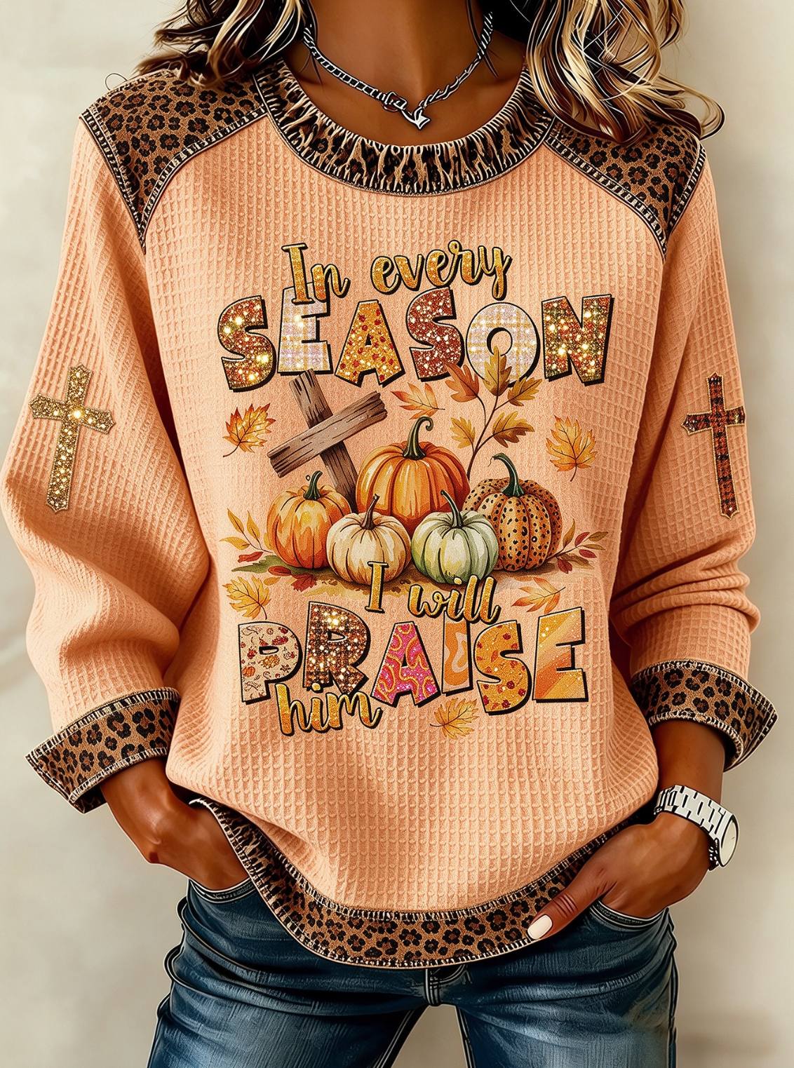 Women in Every Season I Will Praise Him Fall Leopard Sweatshirt