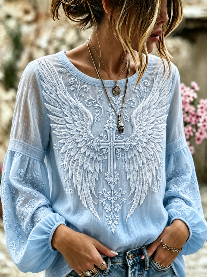 Women's Cross Printed Casual Cotton and Linen Top