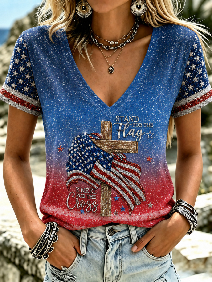 Women'sAmerican Flag Printed Casual T-shirt
