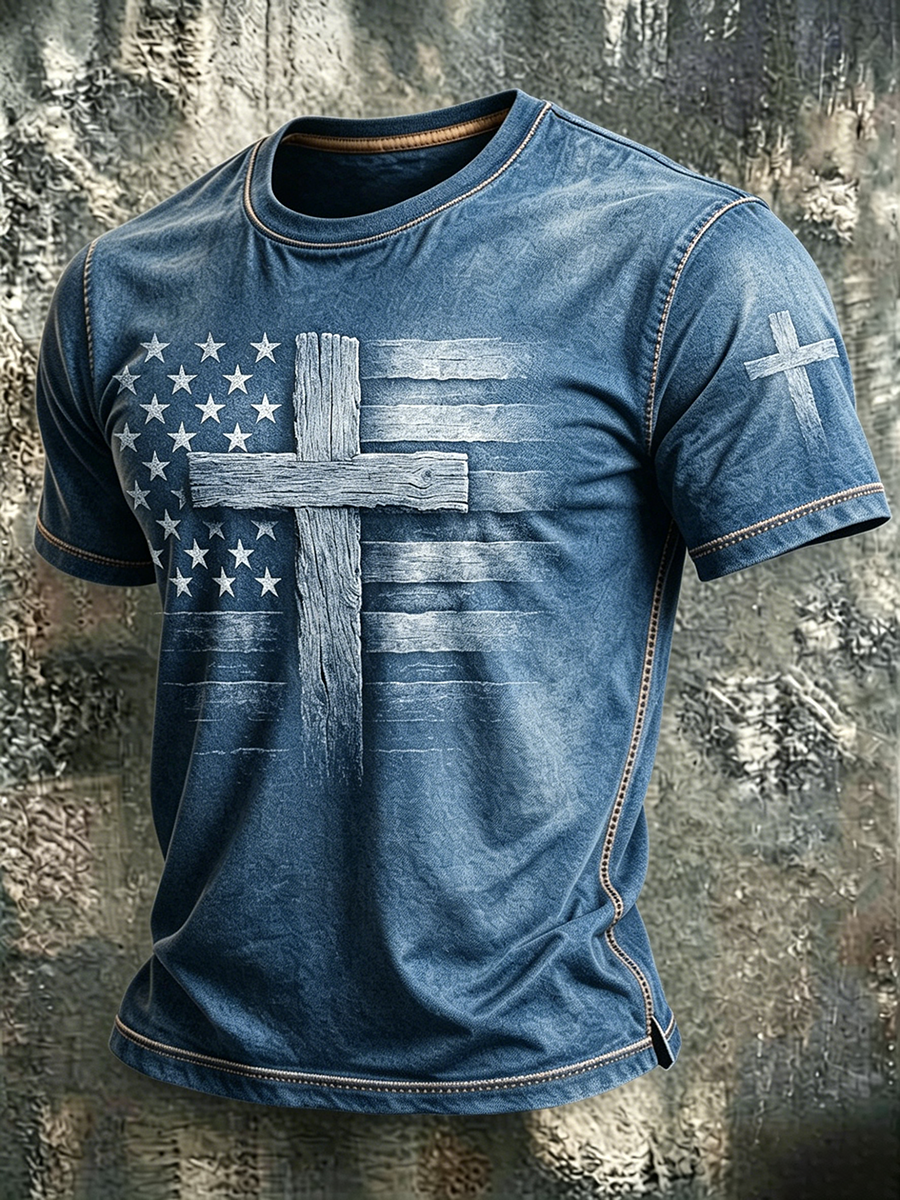 American Flag Faith Printed Round Neck T-shirt