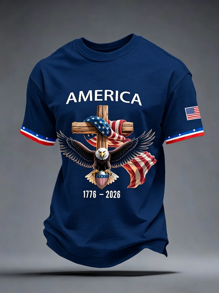 American Flag Commemorative Eagle Cross Printed Round Neck T-Shirt