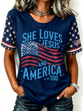 American Flag Jesus Faith Glitter Commemorative Print Round Neck T-Shirt