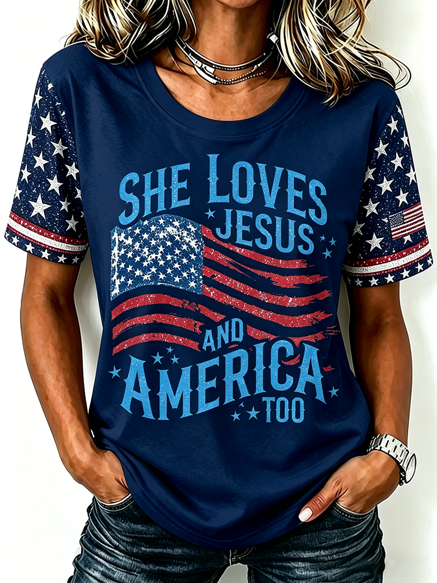 American Flag Jesus Faith Glitter Commemorative Print Round Neck T-Shirt