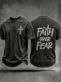 Men's Faith Over Fear Cross Embroidery Double Sided Vintage T-Shirt