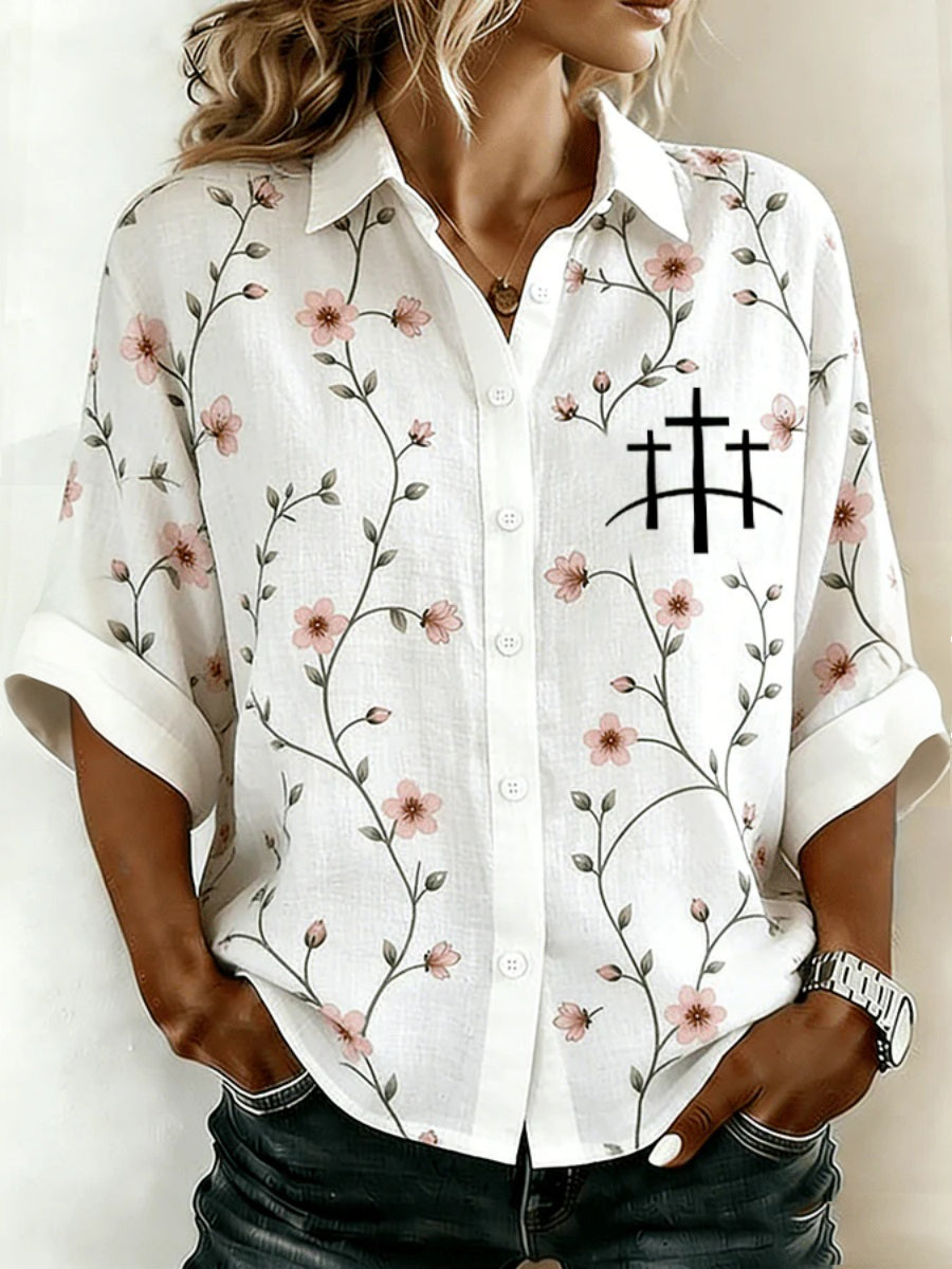 Women's Floral Faith Print Long Sleeved Linen Shirt