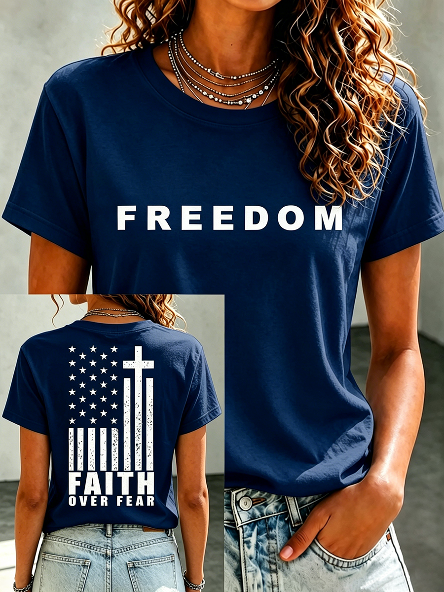 Freedom America Flag Faith Commemorative Printed Casual T-Shirt