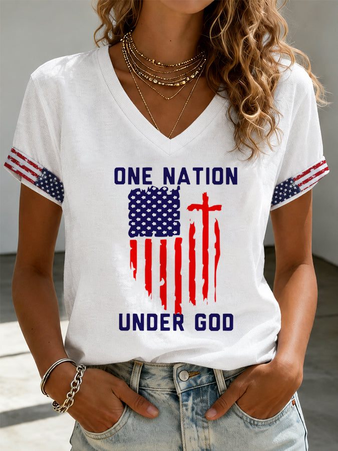 Women's Casual America Flag V-Neck T-shirt