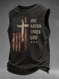 Men's Vintage Distressed American Flag Cross One Nation Under God Crew Neck Sleeveless Tank Top