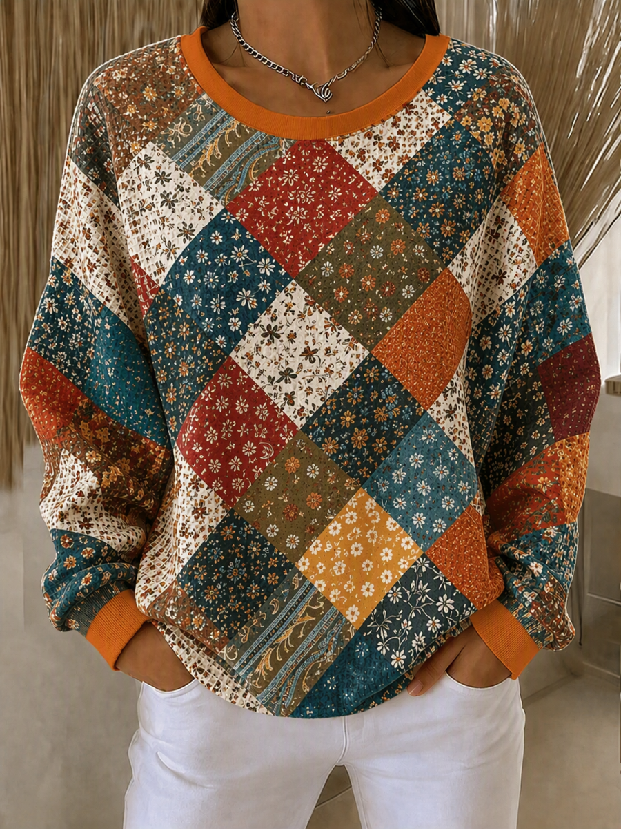 Women's Fall Floral Printed Round Neck Checkered Sports Shirt