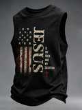 Men's Vintage USA Flag Jesus Is My Rock And My Salvation Cross Print Crew Neck Sleeveless Faith Tank Top