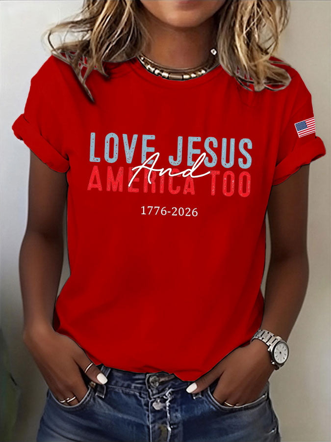 Women'S Love Jesus And America Too Printed Casual T-Shirt