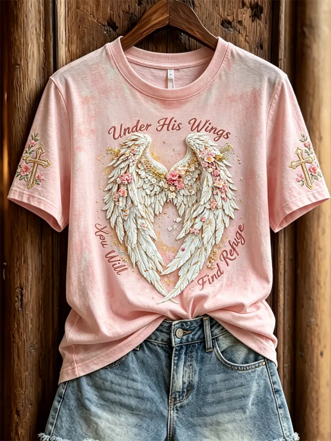 Women'S Under His Wings You Will Find Refuge Floral Wings & Cross Print Short-Sleeved T-Shirt