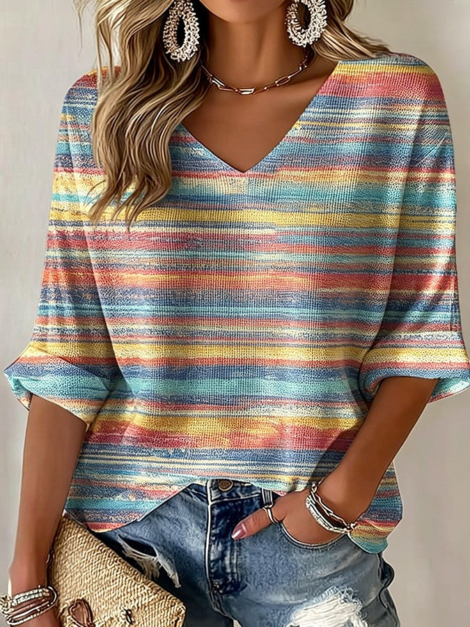 Women'S Autumn Gradient Waffle V-Neck Top