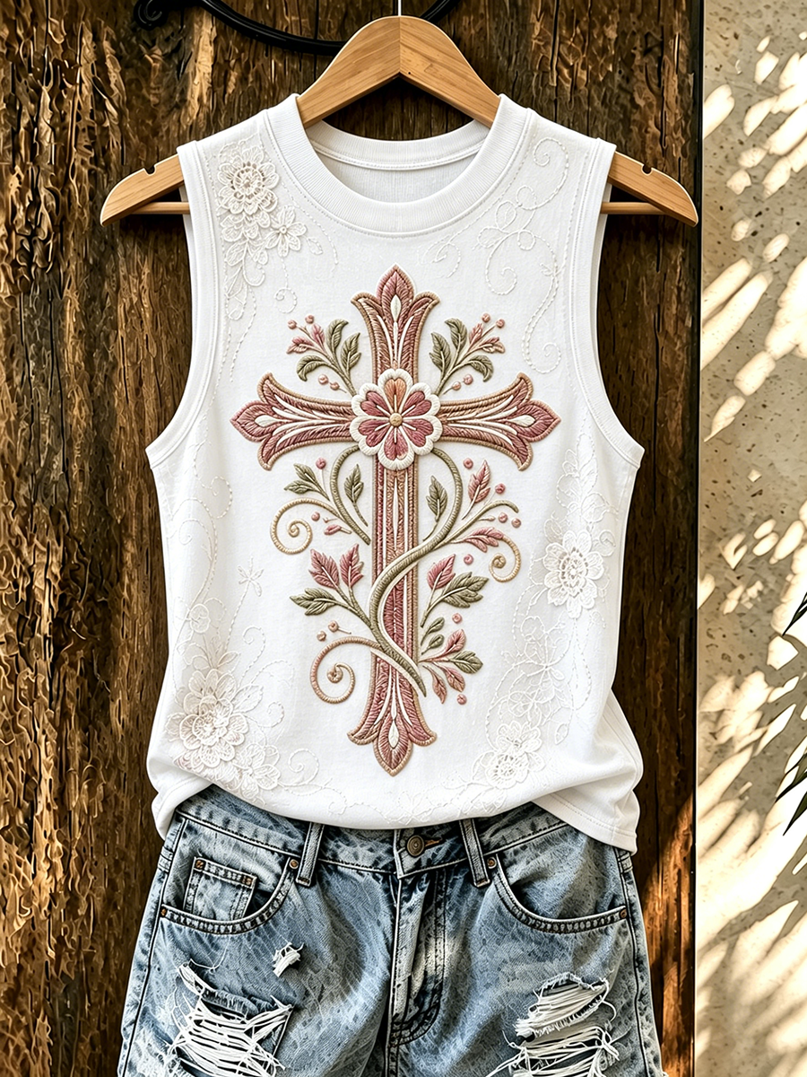Women'S Vintage Floral Cross Embroidery Sleeveless Crew Neck Casual Tank Top