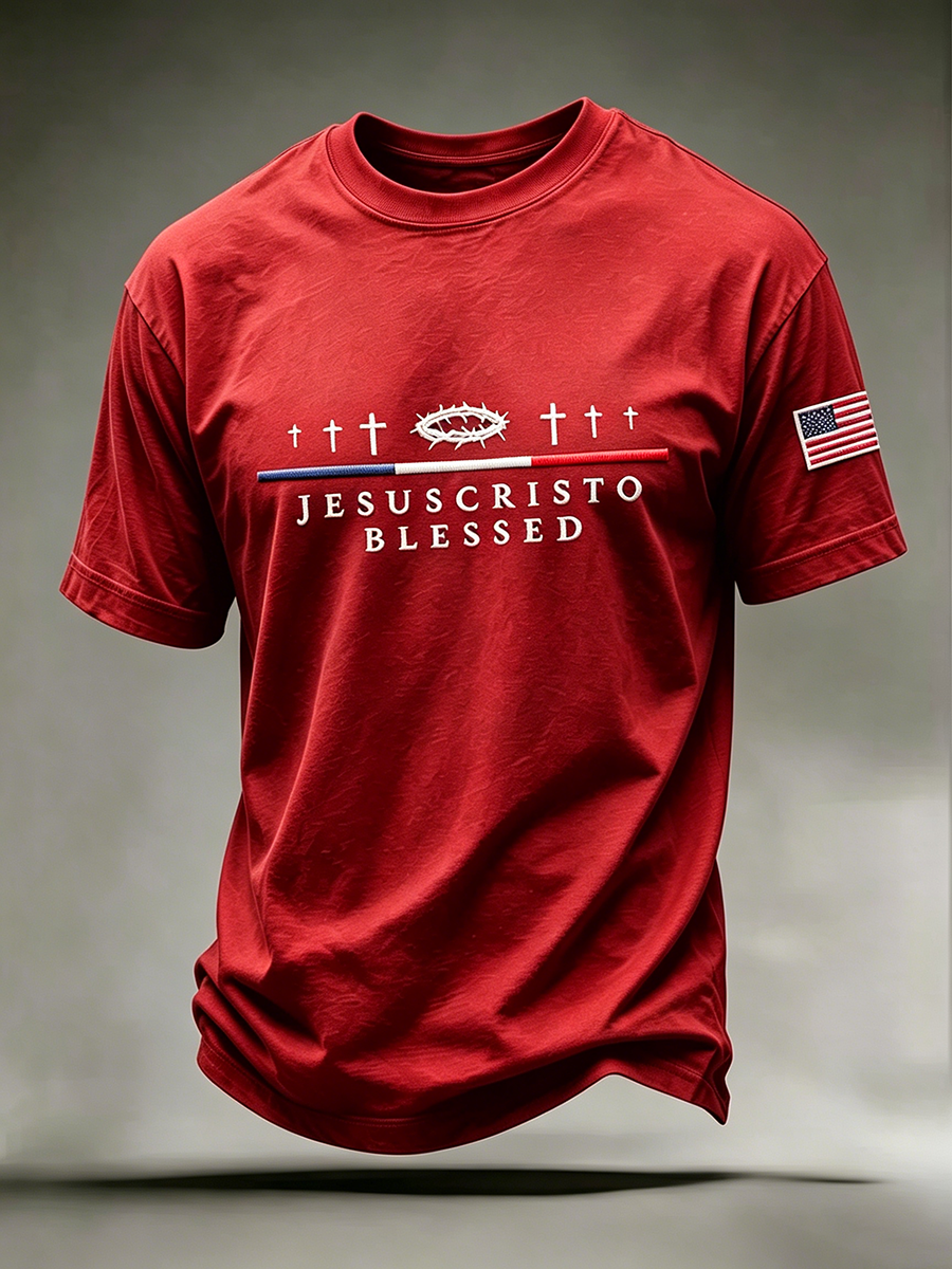 Faith Jesus Cross Embroidered Printed Casual Printed Round Neck T-Shirt