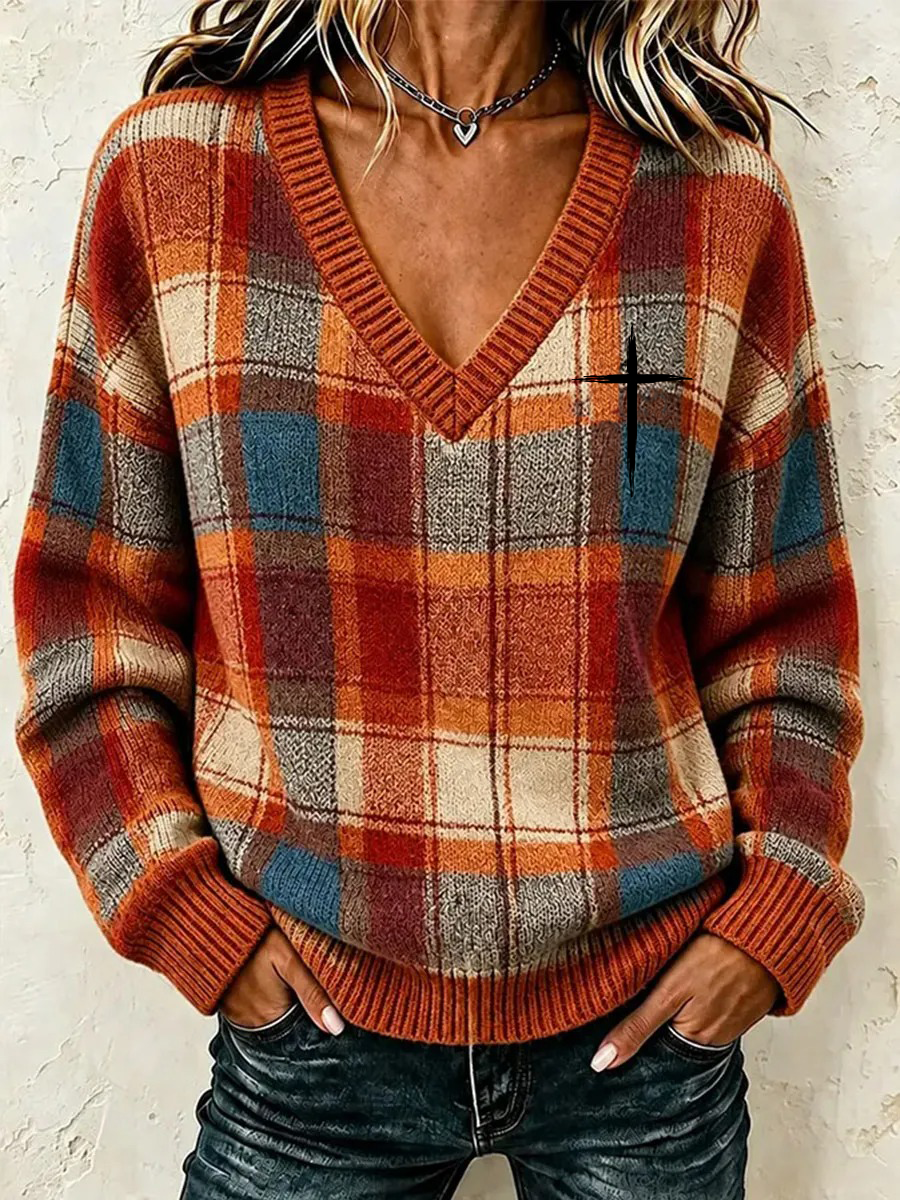 Women's Christian Art plaid cross sweater
