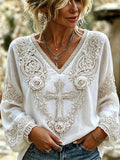 Women'S Floral Cross Print V-Neck Top