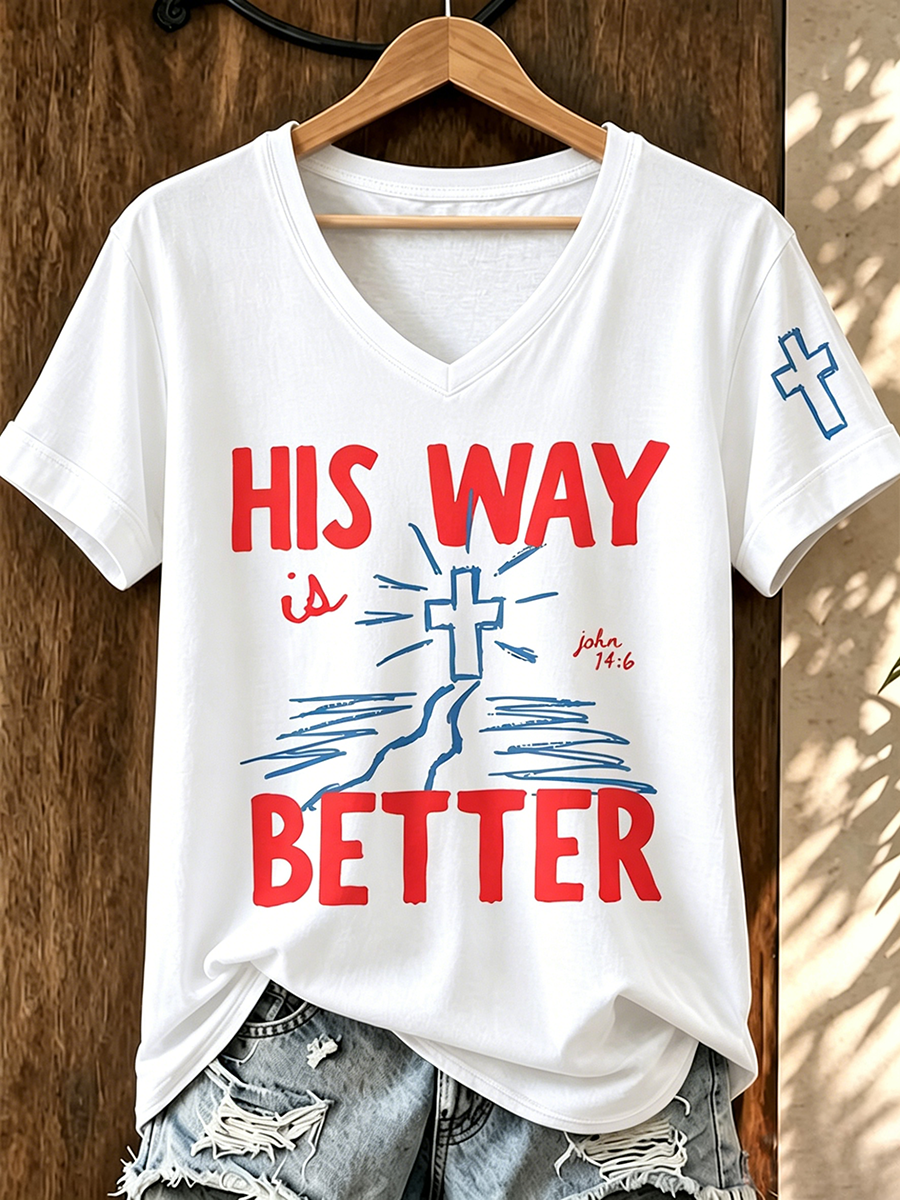 Faith In Jesus Slogan Commemorative Print V-Neck T-Shirt