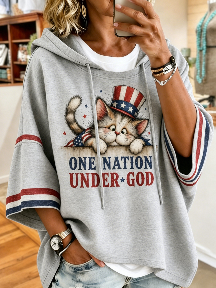 Women's America Flag Cute Cate Printed Hoodie