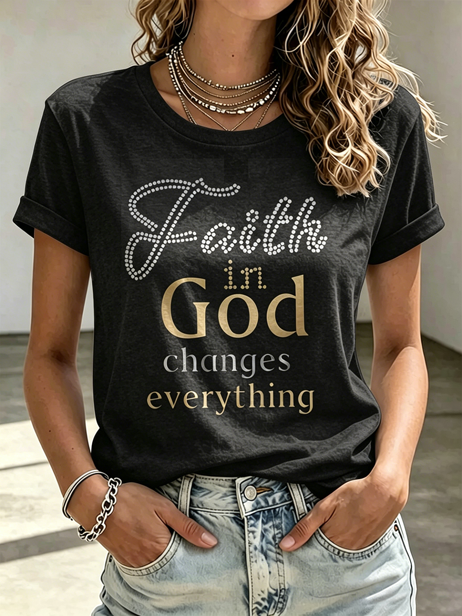 Religious Belief Commemorative Jesus Sequin Printed Round Neck Shirt