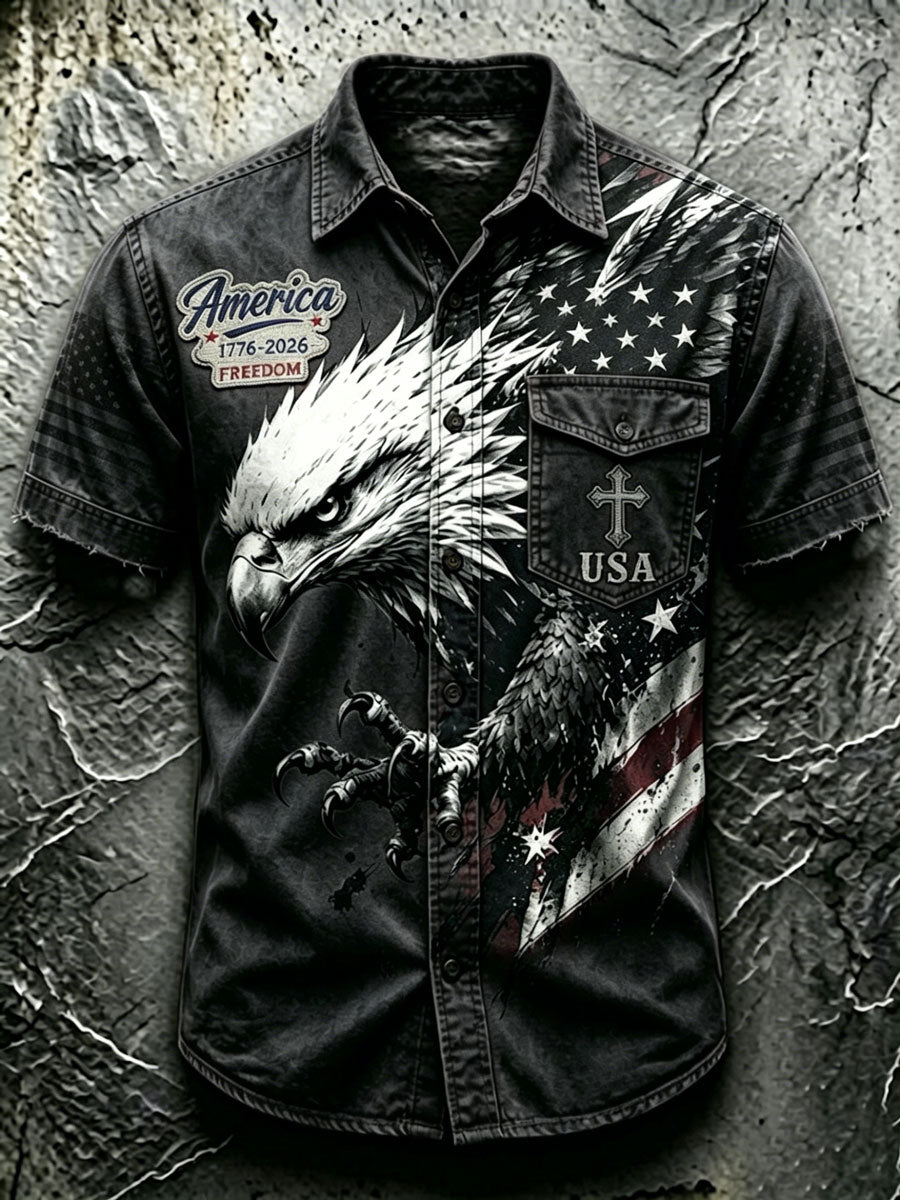 Men'S American Independence Day Retro Contrasting Pattern Faith Short Sleeved Shirt