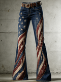 Women's Vintage Distressed American Flag Cross Print Mid Rise Flare Jeans