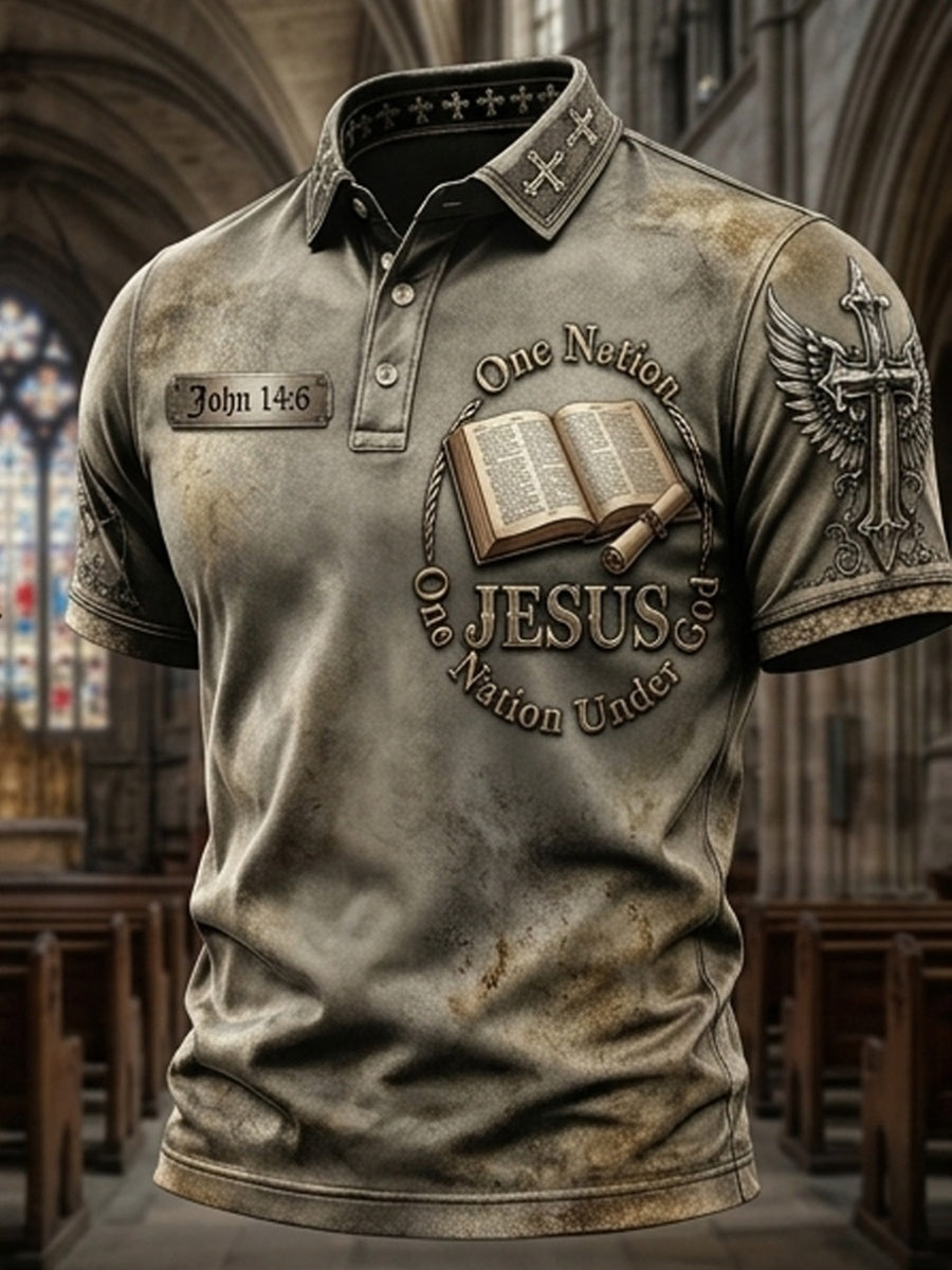 Vintage“One Nation Under God”Cross-Print Men's Polo Shirt