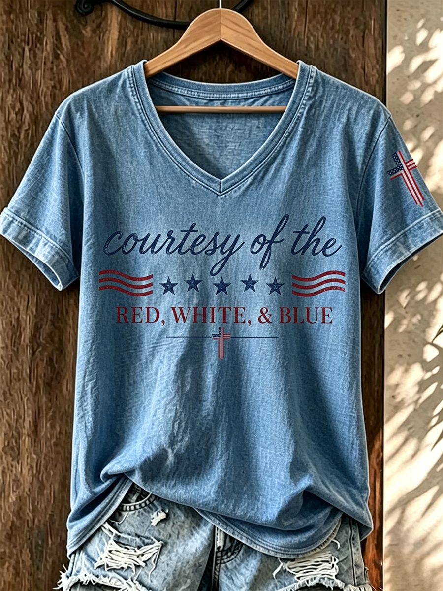 American Faith Cross Flag Commemorative Print V-Neck T-Shirt