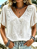Faith Cross Embroidered Printed Cotton And Hemp Top