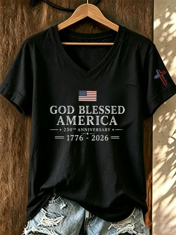 God Bless The United States Commemorative Print V-Neck T-Shirt