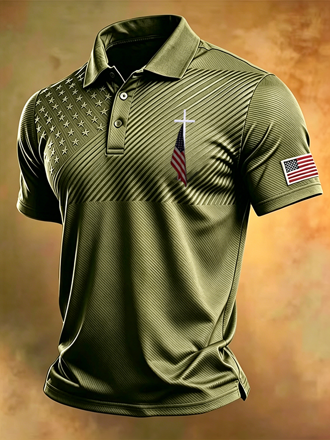 Men'S Retro National Flag And Cross Print Casual Polo Shirt