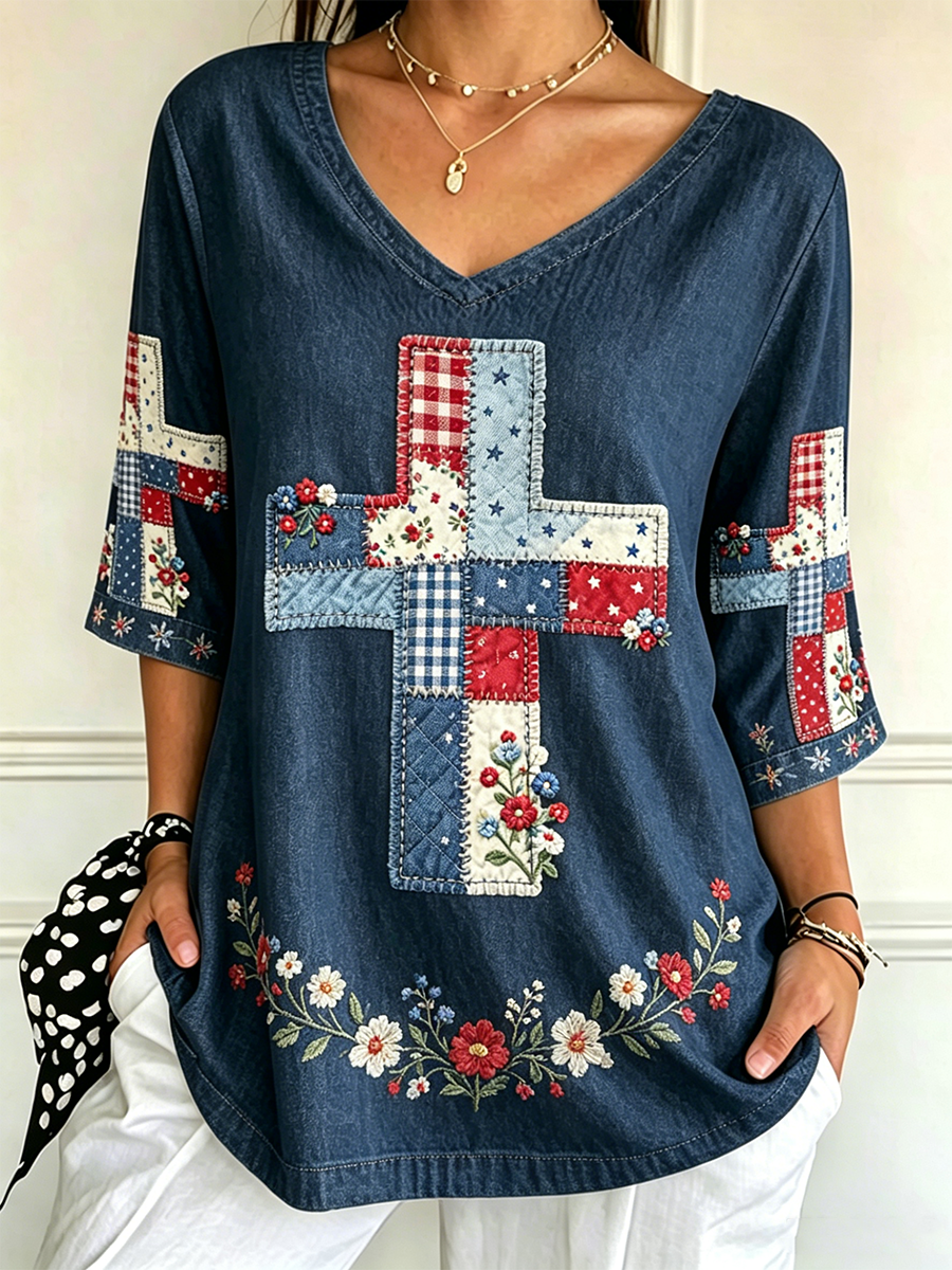 Women's God Family Country Flag Cross V Neck 3/4 Sleeve Casual Tee