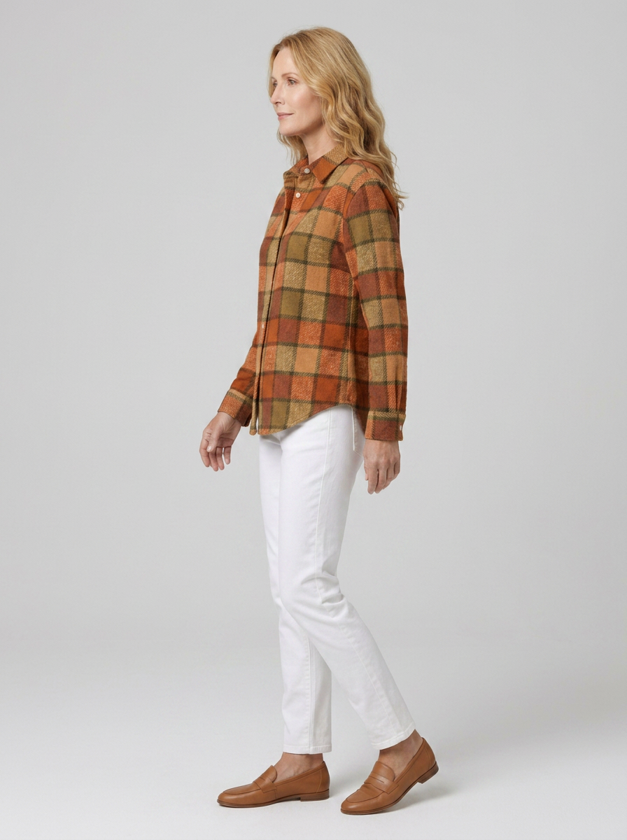Women's Autumn Casual Orange Plaid Printed Button-down Shirt
