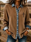 Women'S Retro Patch Denim Collar Long Sleeved Shirt