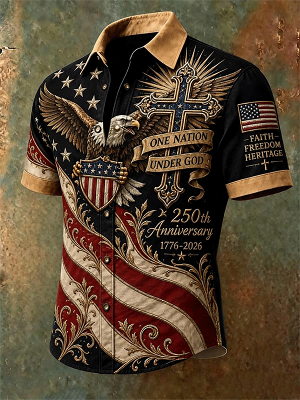 Men's One Nation Under God Eagle Cross USA Flag 250th Anniversary Short Sleeve Button Up Shirt