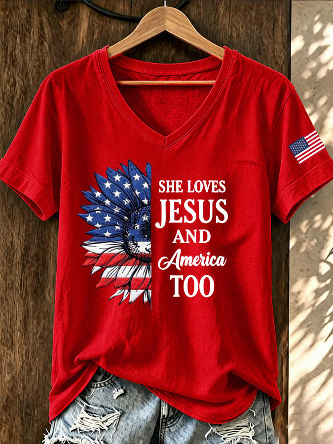 Women'S She Loves Jesus And America Print V-Neck T-Shirt