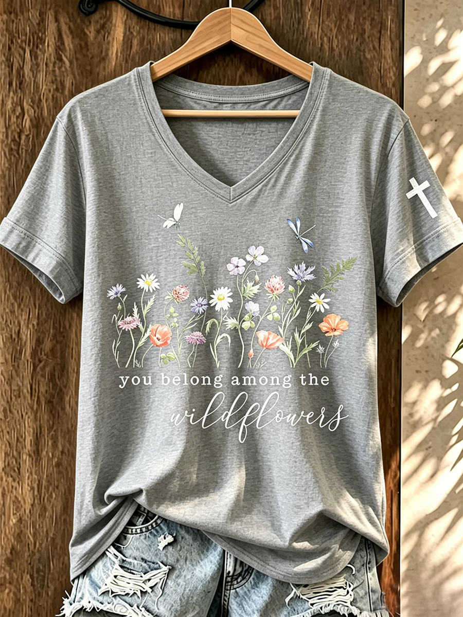 Faith In Jesus Slogan Commemorative Print V-Neck T-Shirt