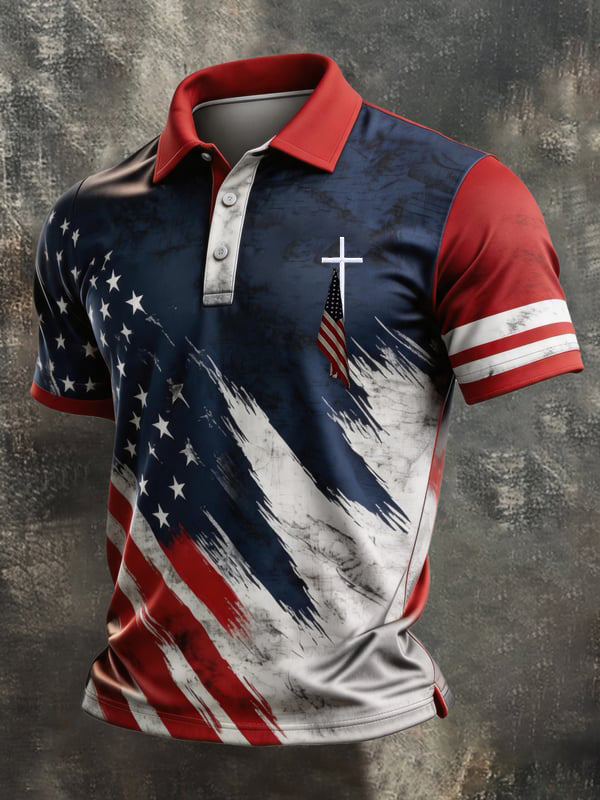 Men'S American Flag Print Casual Polo Shirt