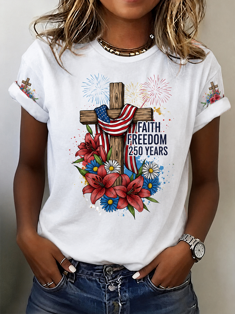 Women's Retro Patriotic Faith Printed Casual T-Shirt