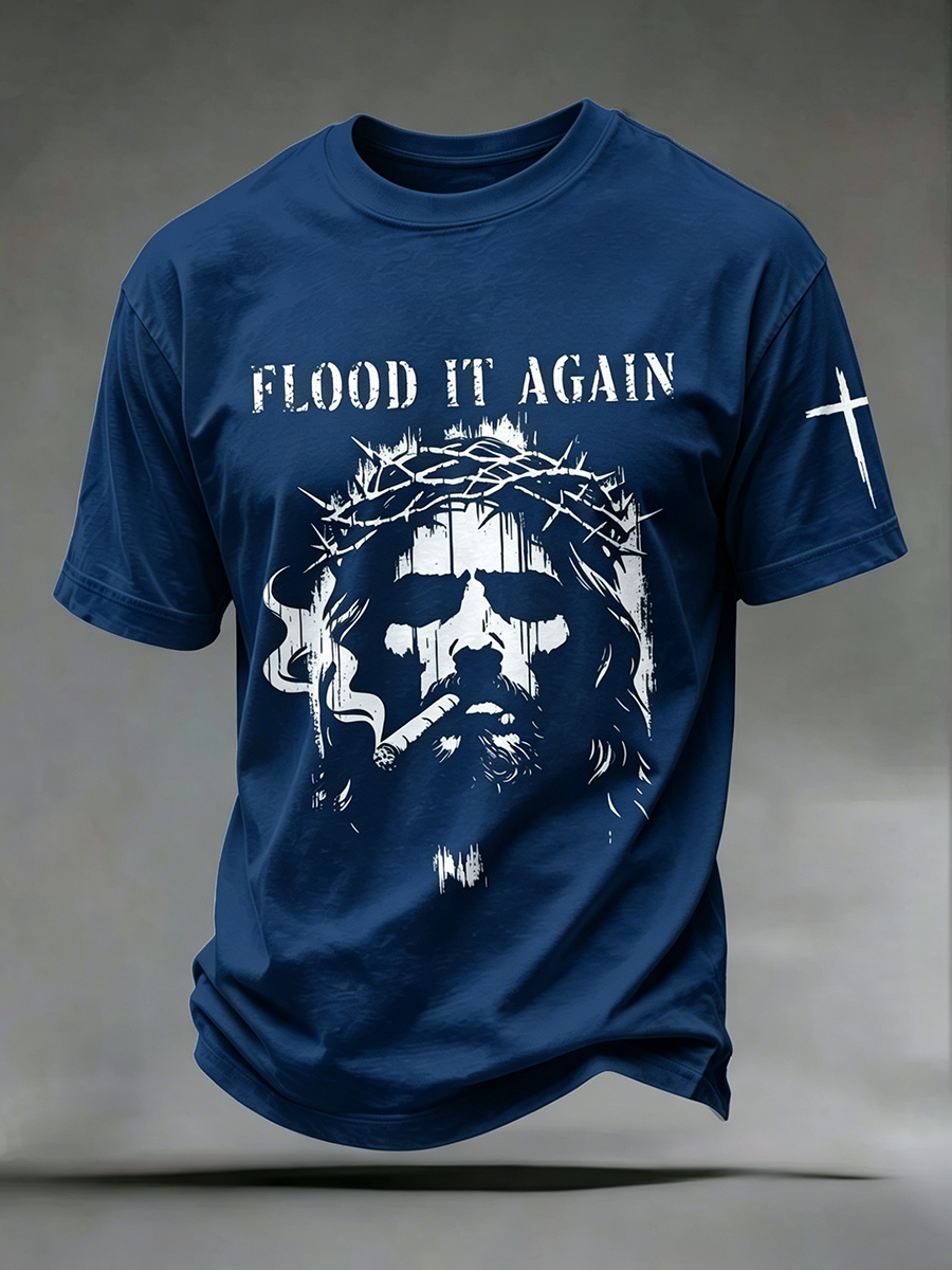 Faith Jesus Cross Embroidered Printed Casual Round Neck T-Shirt