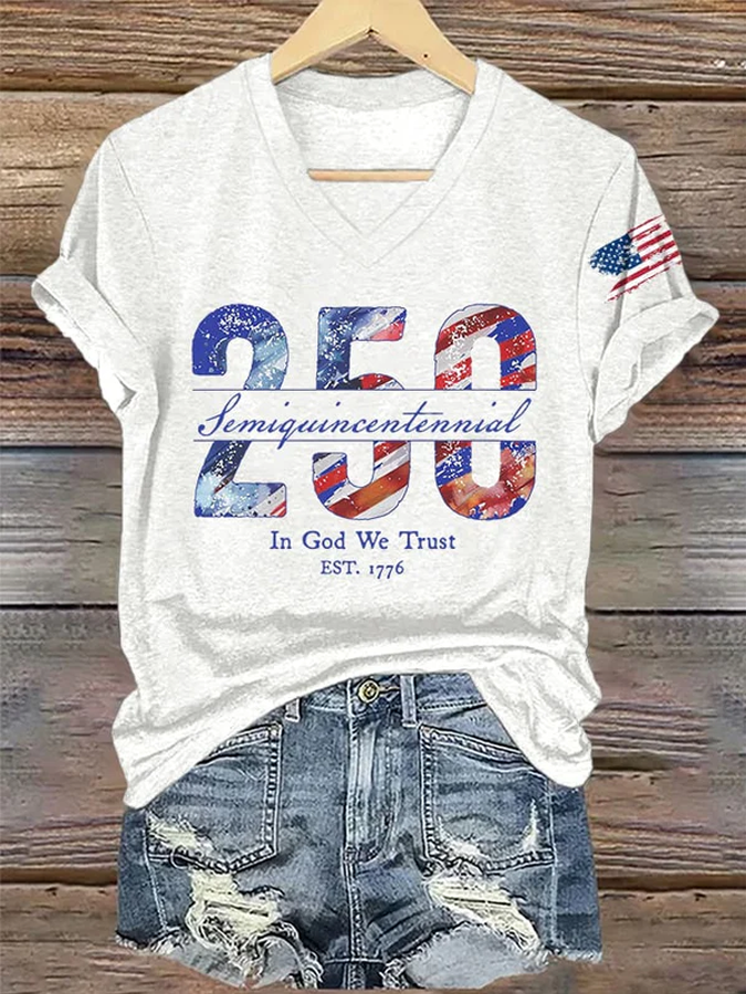 Women's 250th Anniversary American Flag Cross Printed Casual V-neck T-shirt